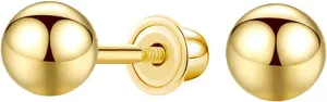 14k Gold Ball Stud Earrings with Solitaire Round Cubic Zirconia in Secure Screw-back Design