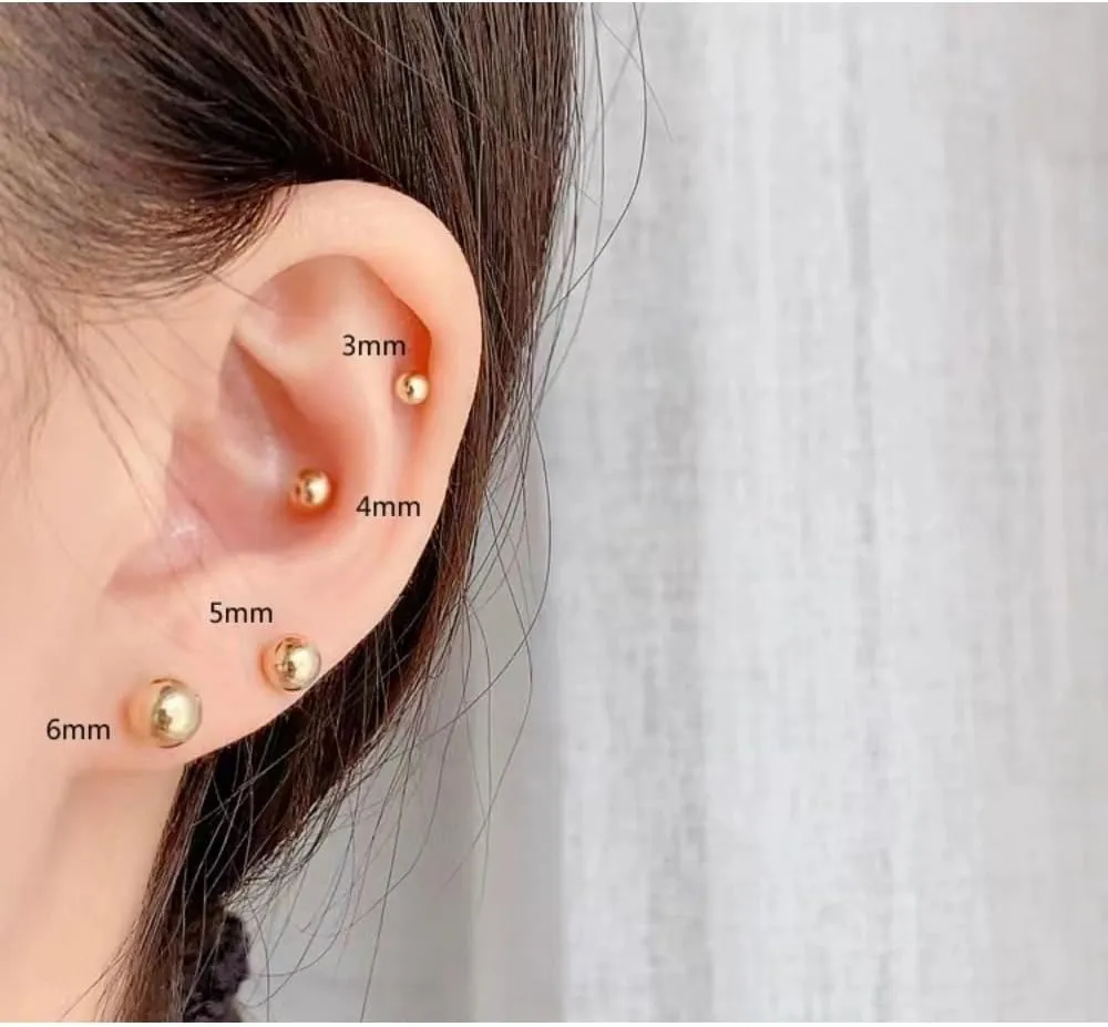 14k Gold Ball Stud Earrings with Solitaire Round Cubic Zirconia in Secure Screw-back Design