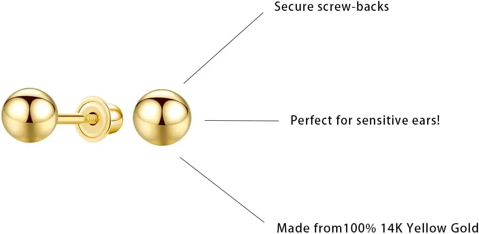 14k Gold Ball Stud Earrings with Solitaire Round Cubic Zirconia in Secure Screw-back Design