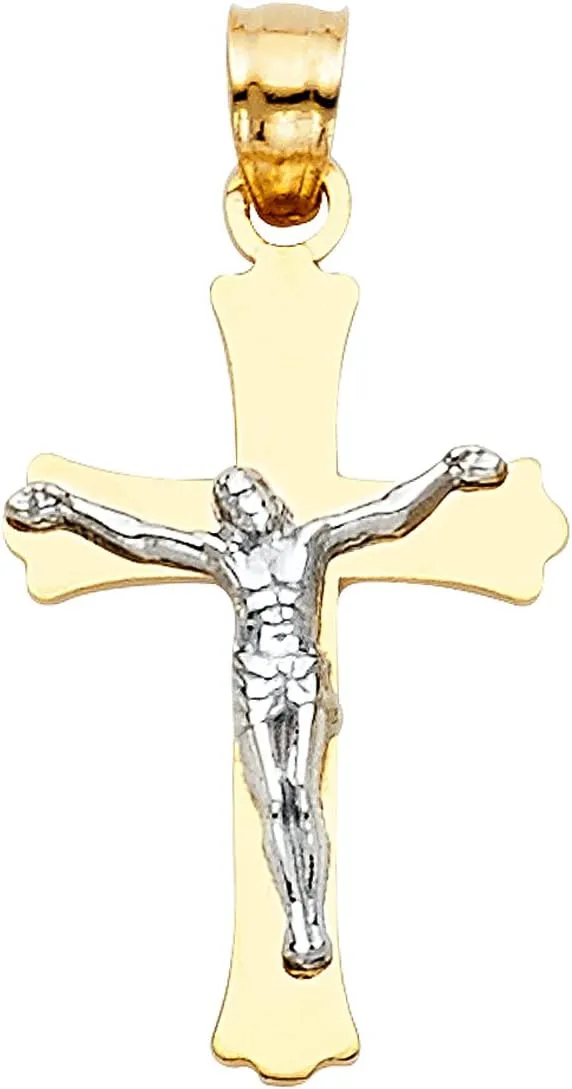 14K Gold Cross Engraved Jesus Crucifix Pendant - Religious Based Two Tone Fine Jewelry - High Polish Finish - Suitable for Both Men & Women - 1.3 Grams, 23x14 mm