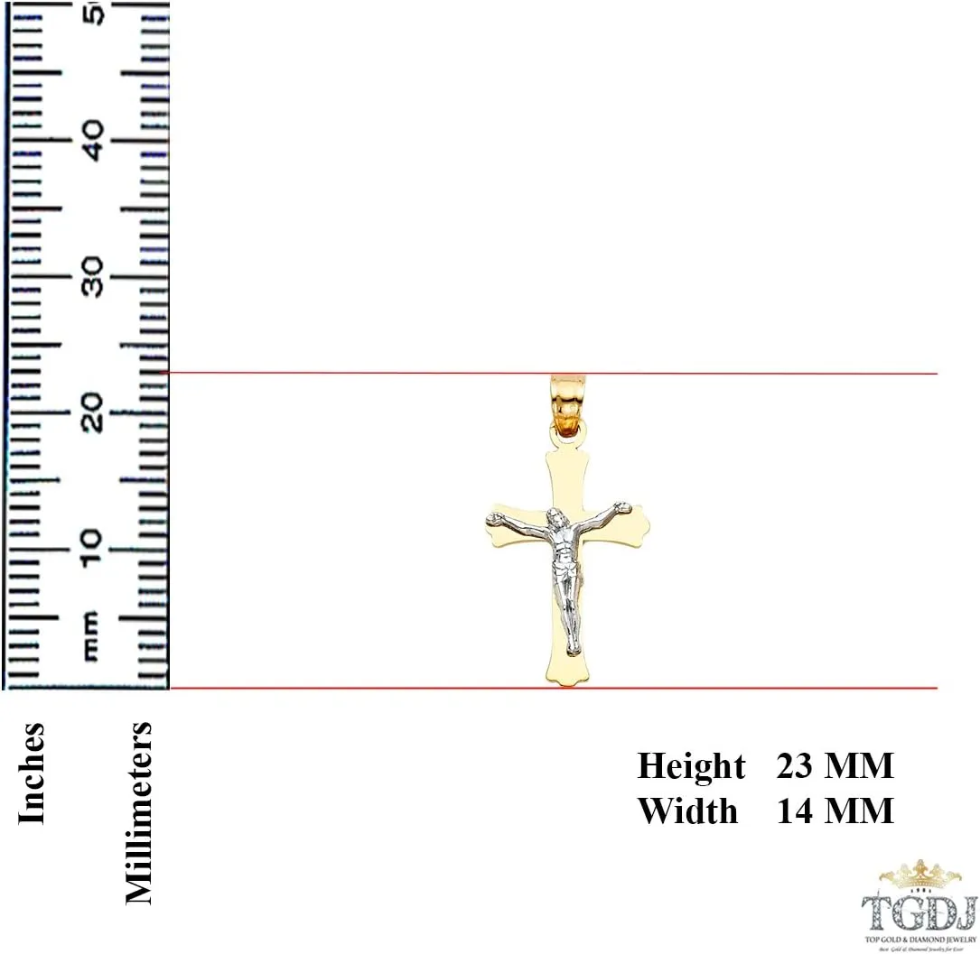 14K Gold Cross Engraved Jesus Crucifix Pendant - Religious Based Two Tone Fine Jewelry - High Polish Finish - Suitable for Both Men & Women - 1.3 Grams, 23x14 mm