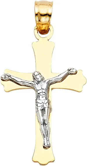 14K Gold Cross Engraved Jesus Crucifix Pendant - Religious Based Two Tone Fine Jewelry - High Polish Finish - Suitable for Both Men & Women - 1.3 Grams, 23x14 mm