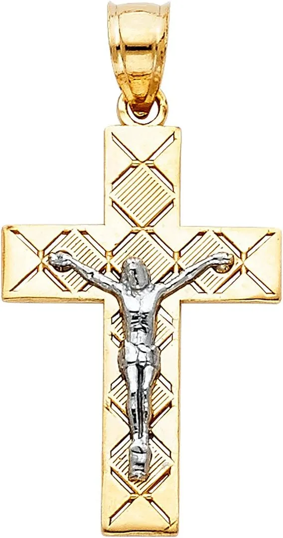 14K Gold Crucifix Pendant - Jesus Engraved on 2T Linear Cross - Features Polished Finish - Spiritual Symbol for Christianity - Gold Stamped Fine Jewelry - Great Gift for Men & Women, 25 x 16 mm