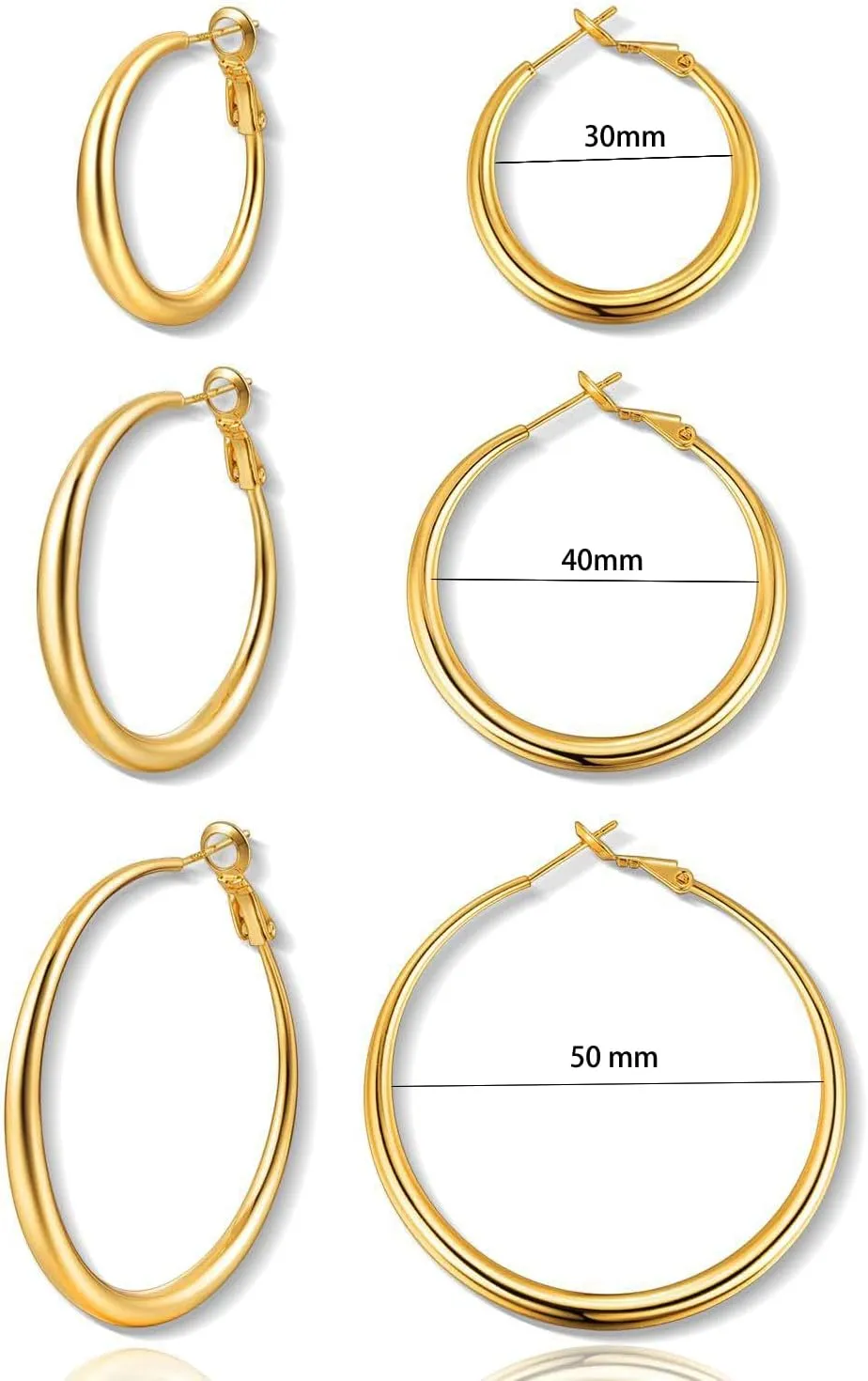 14k gold hoop earrings for Women Large/Small Circle Plated Big Hoop Earrings Hypoallergenic Lightweight Oversized thick Gold/Silver hoops earrings for Girls 30/40/50/60mm