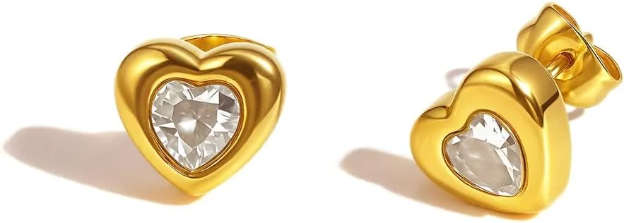 14k Gold Plated CZ Heart Stud Earrings for Women Stainless Steel Minimalist Cubic Zirconia Love Heart Shaped Small Studs Hypoallergenic Wedding Party Prom Everyday Jewelry for Her