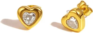 14k Gold Plated CZ Heart Stud Earrings for Women Stainless Steel Minimalist Cubic Zirconia Love Heart Shaped Small Studs Hypoallergenic Wedding Party Prom Everyday Jewelry for Her