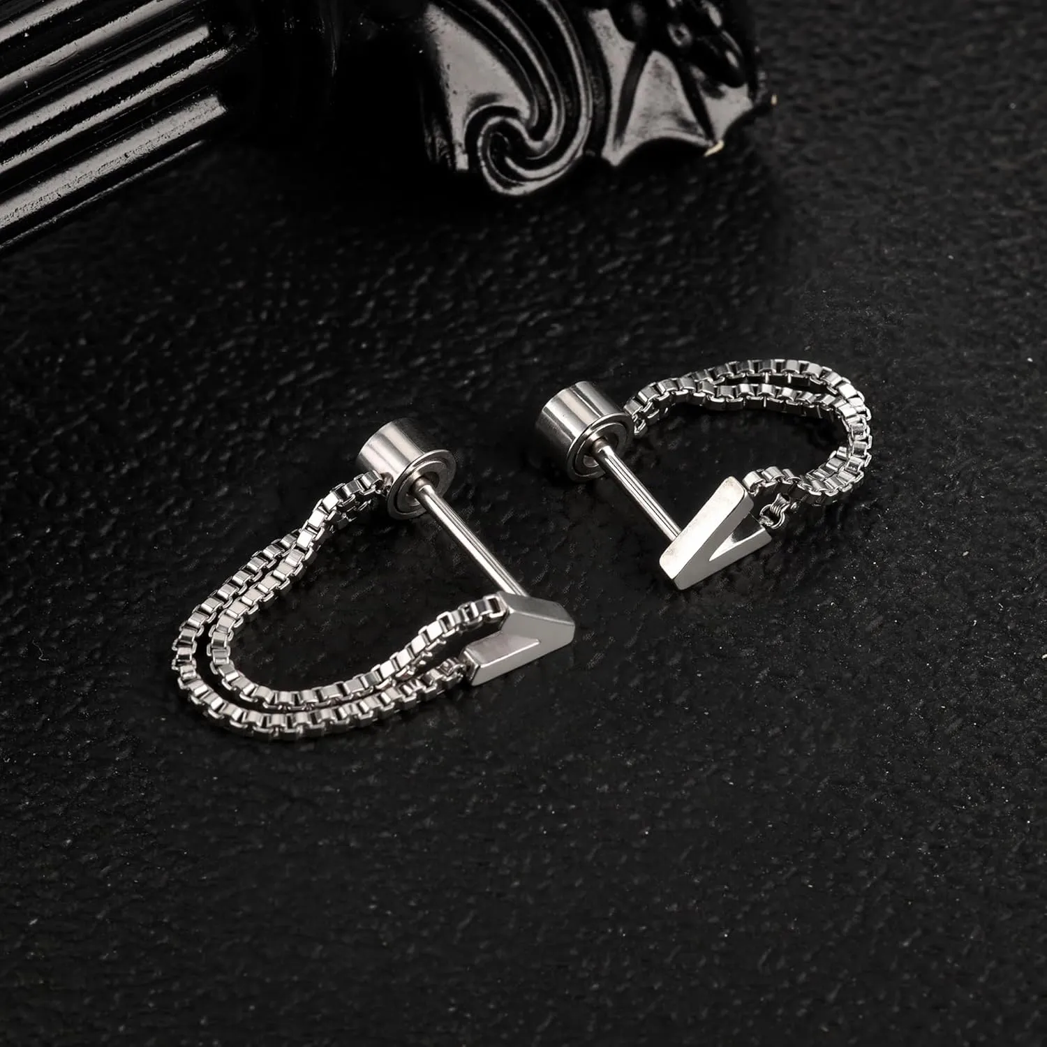 14K Gold Plated Flat Back Ear Studs Hypoallergenic 316L Surgical Stainless Steel Stud Chain Earrings with Cubic Zirconia, Push-In Design Ideal for Cartilage, Tragus & Conch Piercing 2 Pairs