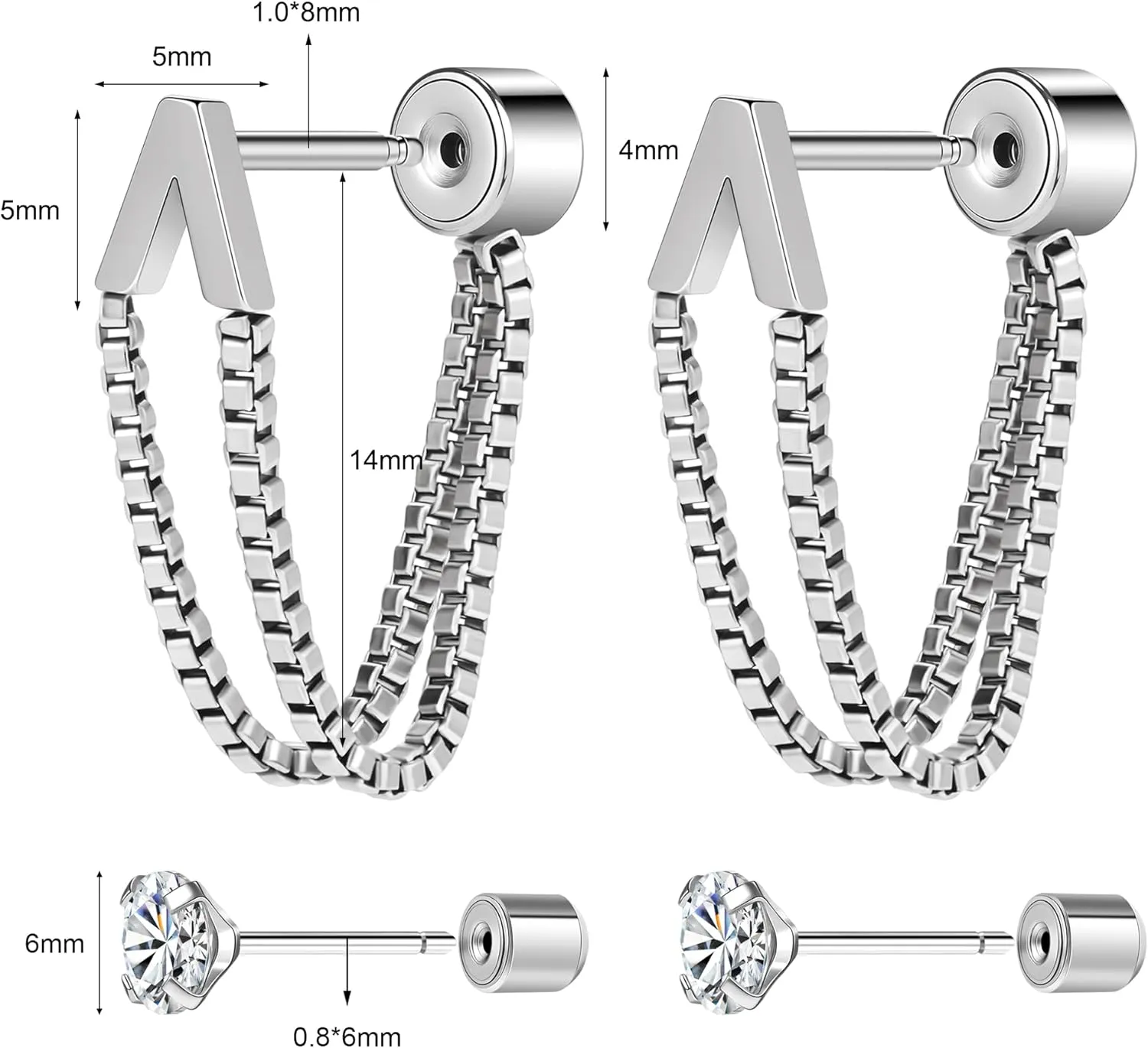 14K Gold Plated Flat Back Ear Studs Hypoallergenic 316L Surgical Stainless Steel Stud Chain Earrings with Cubic Zirconia, Push-In Design Ideal for Cartilage, Tragus & Conch Piercing 2 Pairs
