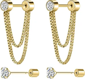 14K Gold Plated Flat Back Ear Studs Hypoallergenic 316L Surgical Stainless Steel Stud Chain Earrings with Cubic Zirconia, Push-In Design Ideal for Cartilage, Tragus & Conch Piercing 2 Pairs