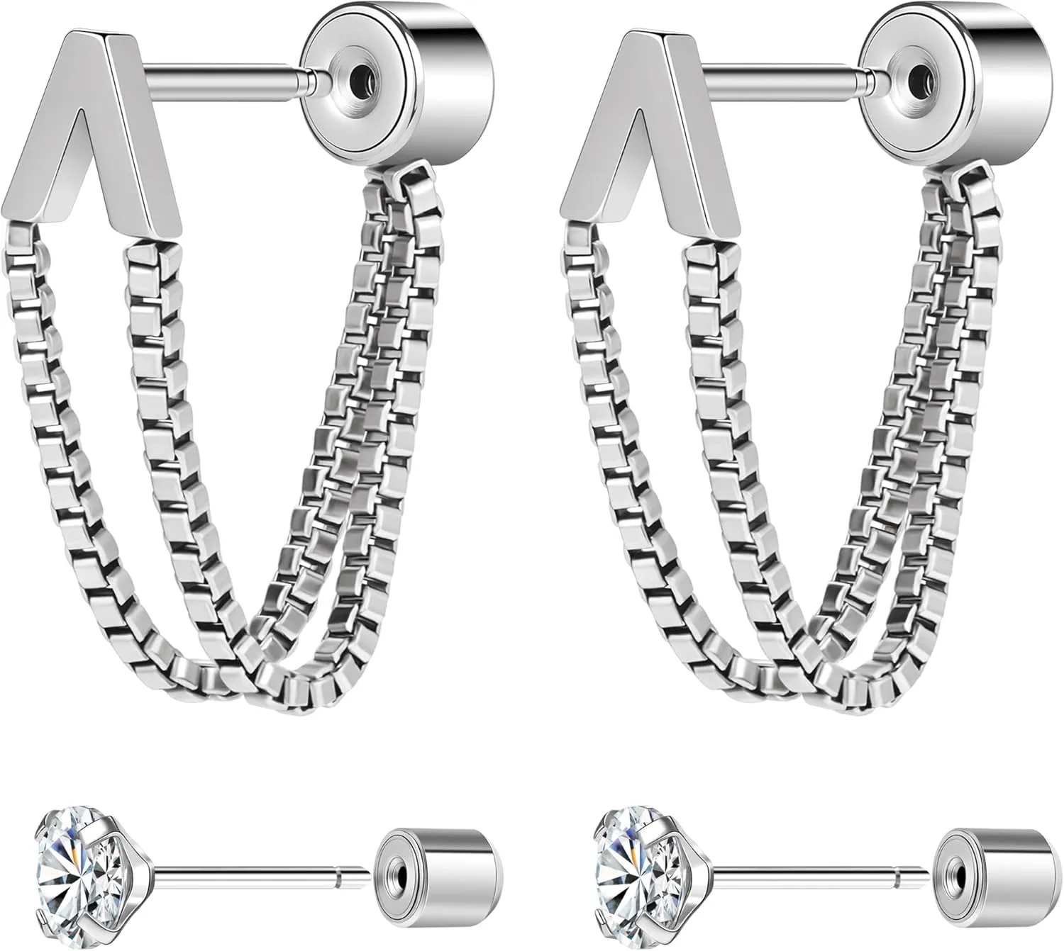 14K Gold Plated Flat Back Ear Studs Hypoallergenic 316L Surgical Stainless Steel Stud Chain Earrings with Cubic Zirconia, Push-In Design Ideal for Cartilage, Tragus & Conch Piercing 2 Pairs