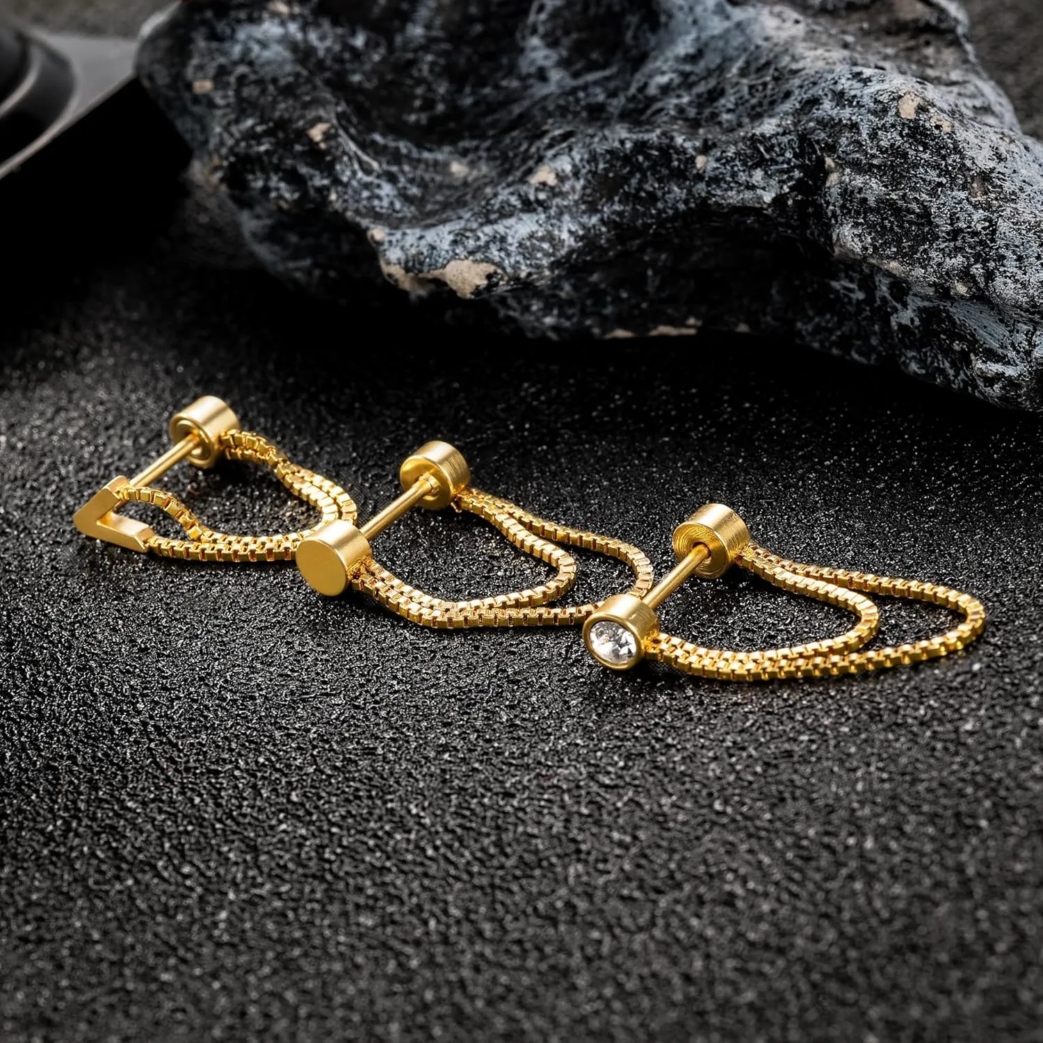 14K Gold Plated Flat Back Ear Studs Hypoallergenic 316L Surgical Stainless Steel Stud Chain Earrings with Cubic Zirconia, Push-In Design Ideal for Cartilage, Tragus & Conch Piercing 2 Pairs