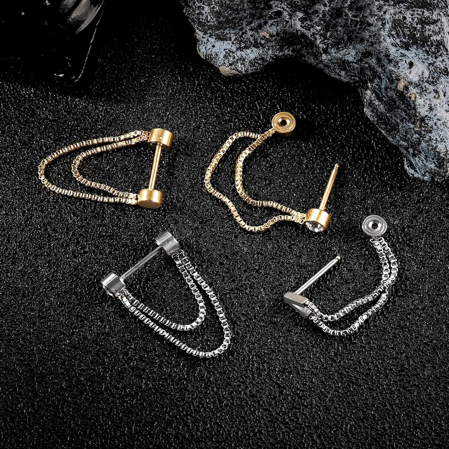 14K Gold Plated Flat Back Ear Studs Hypoallergenic 316L Surgical Stainless Steel Stud Chain Earrings with Cubic Zirconia, Push-In Design Ideal for Cartilage, Tragus & Conch Piercing 2 Pairs