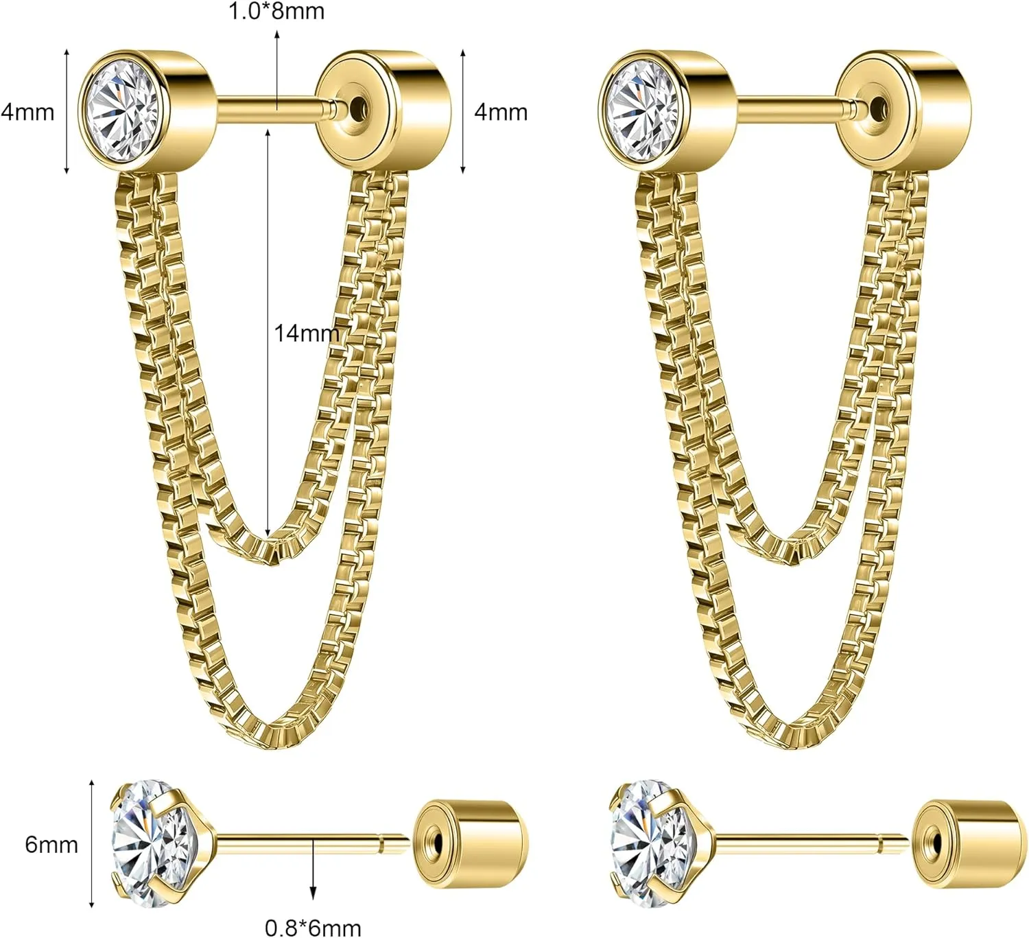 14K Gold Plated Flat Back Ear Studs Hypoallergenic 316L Surgical Stainless Steel Stud Chain Earrings with Cubic Zirconia, Push-In Design Ideal for Cartilage, Tragus & Conch Piercing 2 Pairs