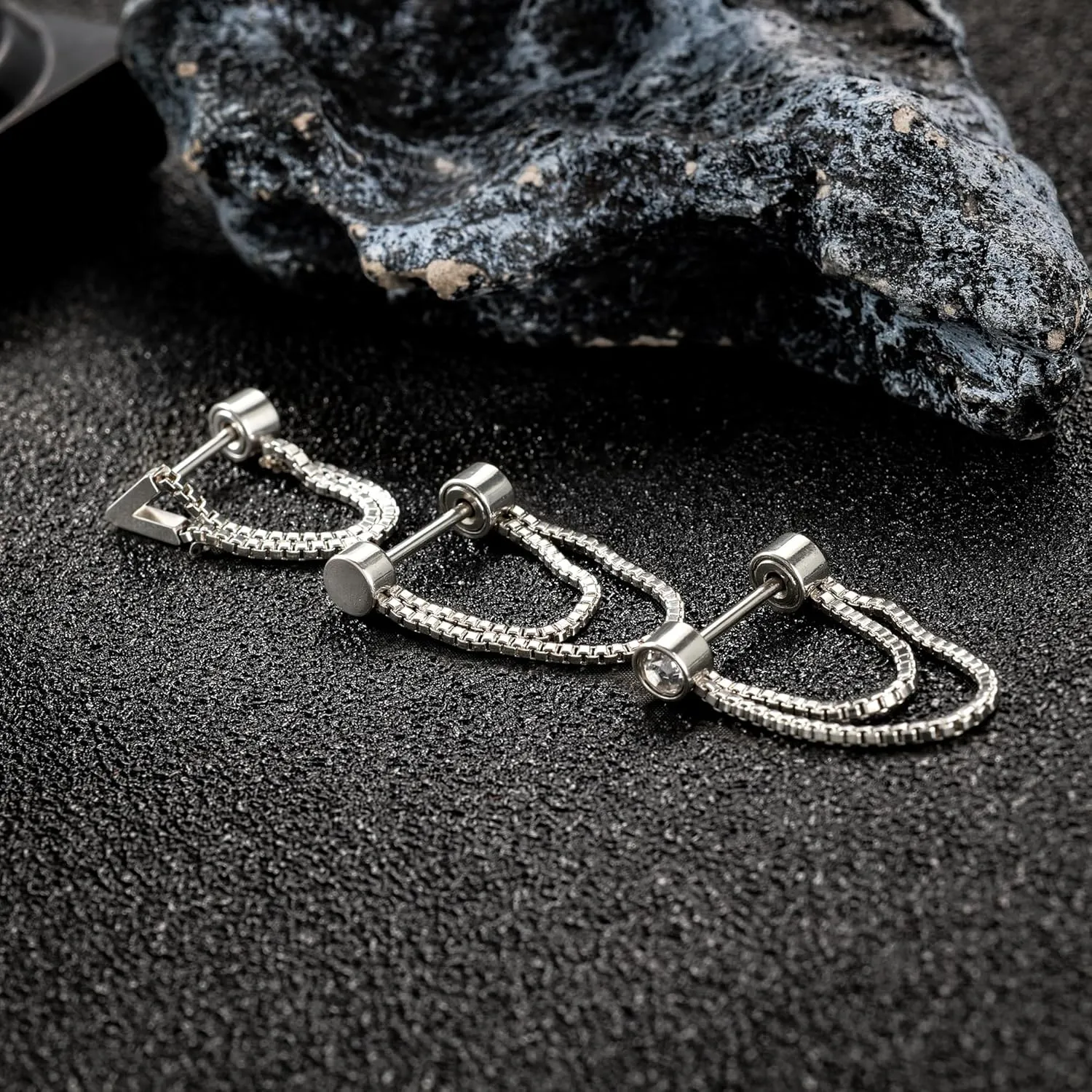 14K Gold Plated Flat Back Ear Studs Hypoallergenic 316L Surgical Stainless Steel Stud Chain Earrings with Cubic Zirconia, Push-In Design Ideal for Cartilage, Tragus & Conch Piercing 2 Pairs