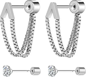 14K Gold Plated Flat Back Ear Studs Hypoallergenic 316L Surgical Stainless Steel Stud Chain Earrings with Cubic Zirconia, Push-In Design Ideal for Cartilage, Tragus & Conch Piercing 2 Pairs