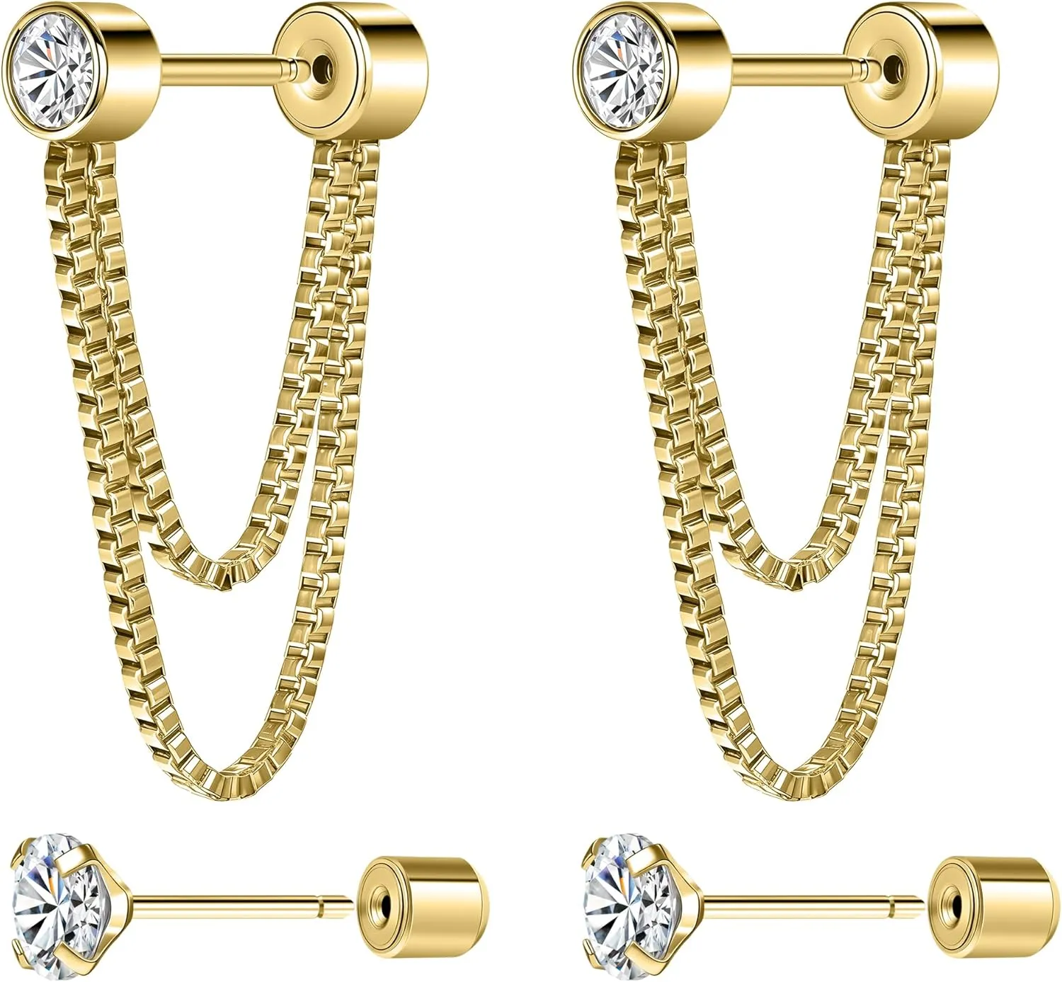 14K Gold Plated Flat Back Ear Studs Hypoallergenic 316L Surgical Stainless Steel Stud Chain Earrings with Cubic Zirconia, Push-In Design Ideal for Cartilage, Tragus & Conch Piercing 2 Pairs