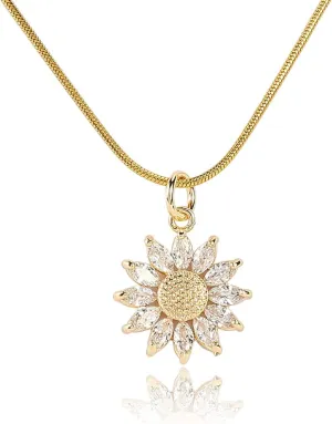 14K Gold Plated Sunflower Necklace for Women Teen Girls Friendship Sunflower Gifts for Mom, Girlfriend, Sunshine Flowers Necklace Shiny Cubic Zirconia Petals Chain Length 16" 4" Extender