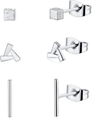 14K Gold Stud Earrings for Women Hypoallergenic Small Geometric Tiny Trendy Earring Stud -Triangle Square Bar