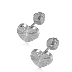 14K Real White Gold Diamond Cut Stud Earrings for Women & Girls - Hypoallergenic for Sensitive Ears for Gifts (14K White Heart Diamond Cut)