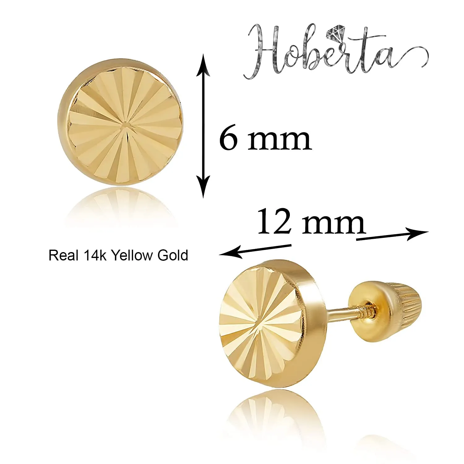 14K Real Yellow Gold Diamond Cut Stud Earrings for Women & Girls - Hypoallergenic for Sensitive Ears for Gifts (Round Diamond Cut)