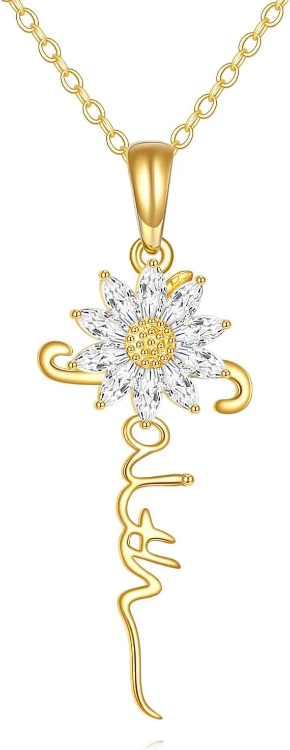 14k Solid Gold Faith Cross Necklace Real Gold Sunflower Faiths Pendants For Women Lover, Religious Necklaces Jewelry Christmas Gifts