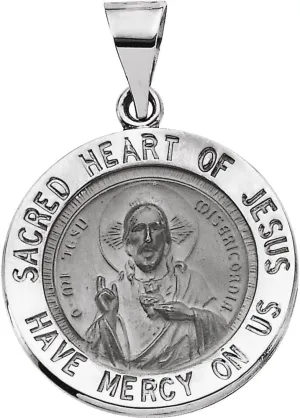 14k White Gold 18mm Round Shape Hollow Sacred Heart of Jesus Medal Religious Spiritual Pendant Fine Jewelry for Women Gifts for Her