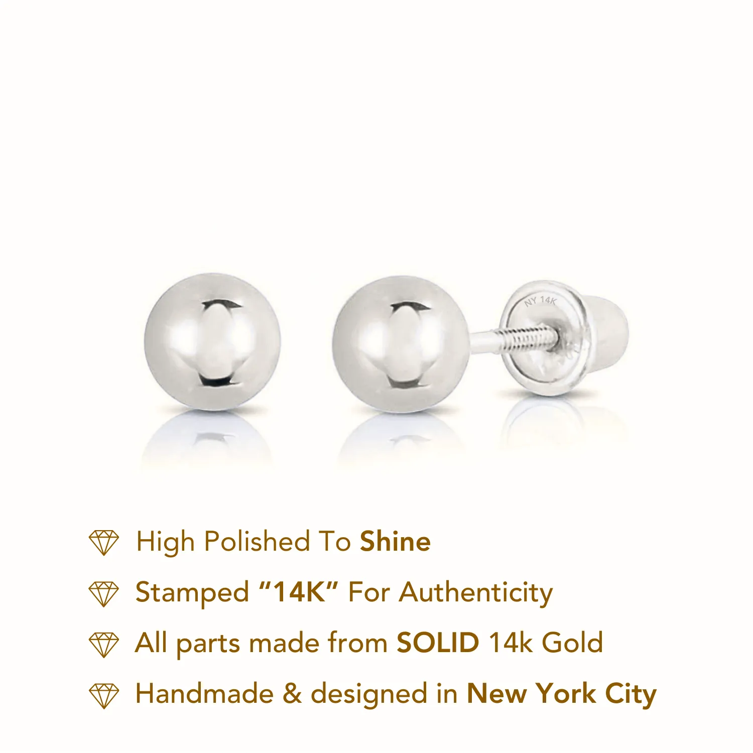 14k White Gold Classic Ball Stud Earrings with Screwbacks (Unisex)