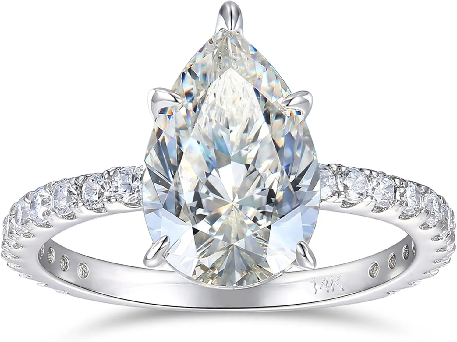 14K White Gold Engagement Ring, 3 Carat Pear Cut Moissanite Rings, Solid 14k White Gold Engagement Ring