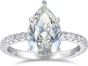 14K White Gold Engagement Ring, 3 Carat Pear Cut Moissanite Rings, Solid 14k White Gold Engagement Ring