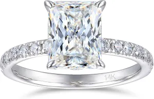 14K White Gold Engagement Ring, 3 Carat Radiant Cut Moissanite Rings, Solid 14k White Gold Engagement Ring