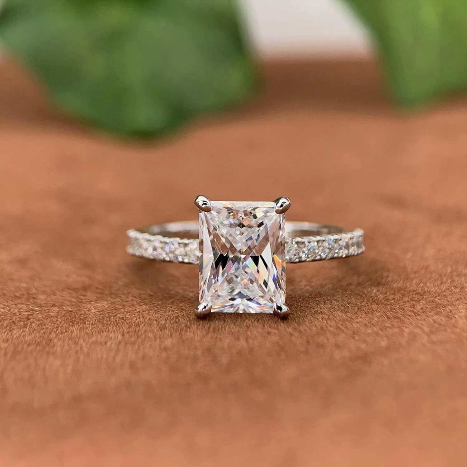 14K White Gold Engagement Ring, 3 Carat Radiant Cut Moissanite Rings, Solid 14k White Gold Engagement Ring