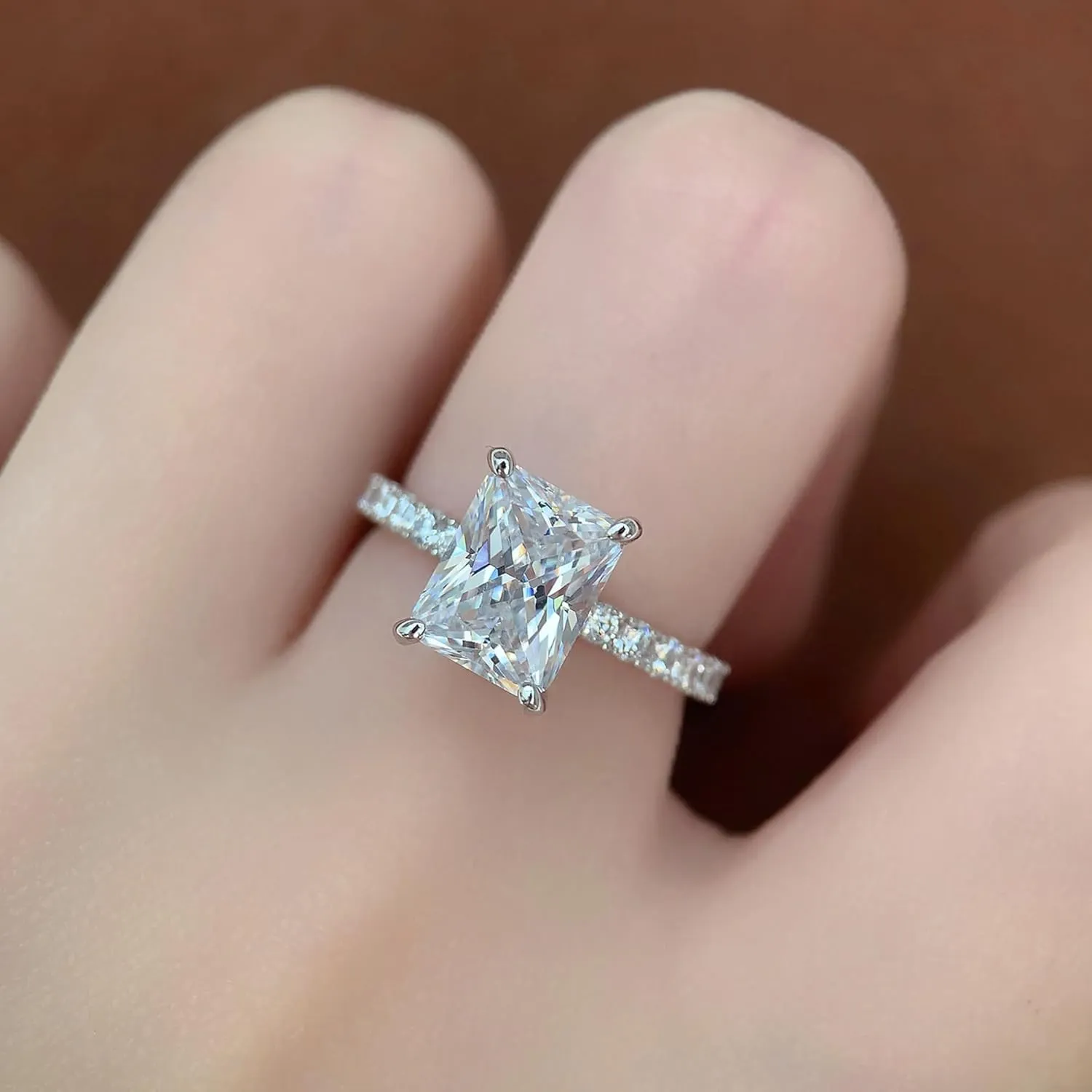 14K White Gold Engagement Ring, 3 Carat Radiant Cut Moissanite Rings, Solid 14k White Gold Engagement Ring