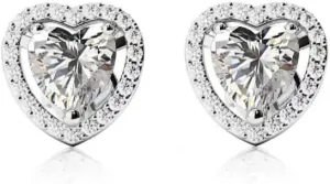 14k White Gold Plated 1 Ct Created Halo Heart White Sapphire Stud Earrings