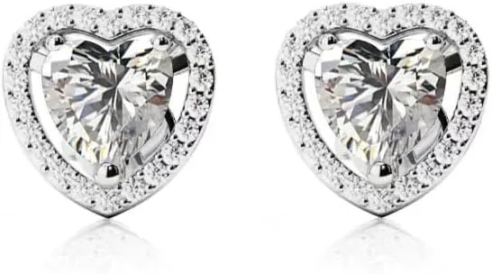 14k White Gold Plated 1 Ct Created Halo Heart White Sapphire Stud Earrings
