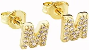 14k Yellow Gold Created Diamond Initial M Letter Stud Earrings Plated