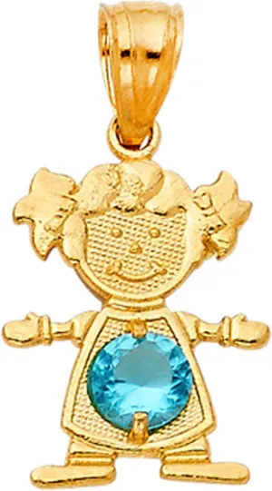 14K Yellow Gold Girl Pendant - Charm Pendant For Necklace or Chain - Birthstone Girl for all months