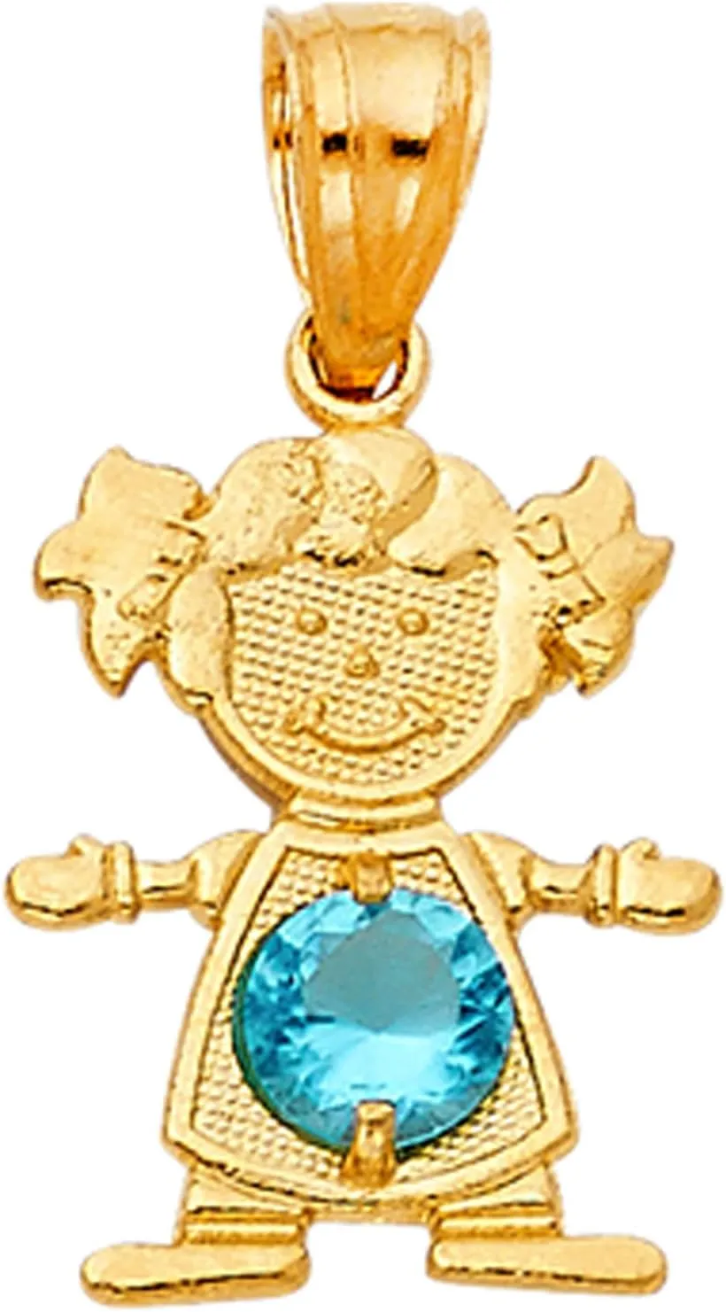 14K Yellow Gold Girl Pendant - Charm Pendant For Necklace or Chain - Birthstone Girl for all months