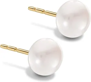 14K Yellow Gold Pearl Stud Earrings, 4mm-11mm Button/Round Shaped Pearl, Soft Silicone Gold Back, Stud Earrings For Women, Minimalist Jewelry, Gift For Her, Jewelry For Women