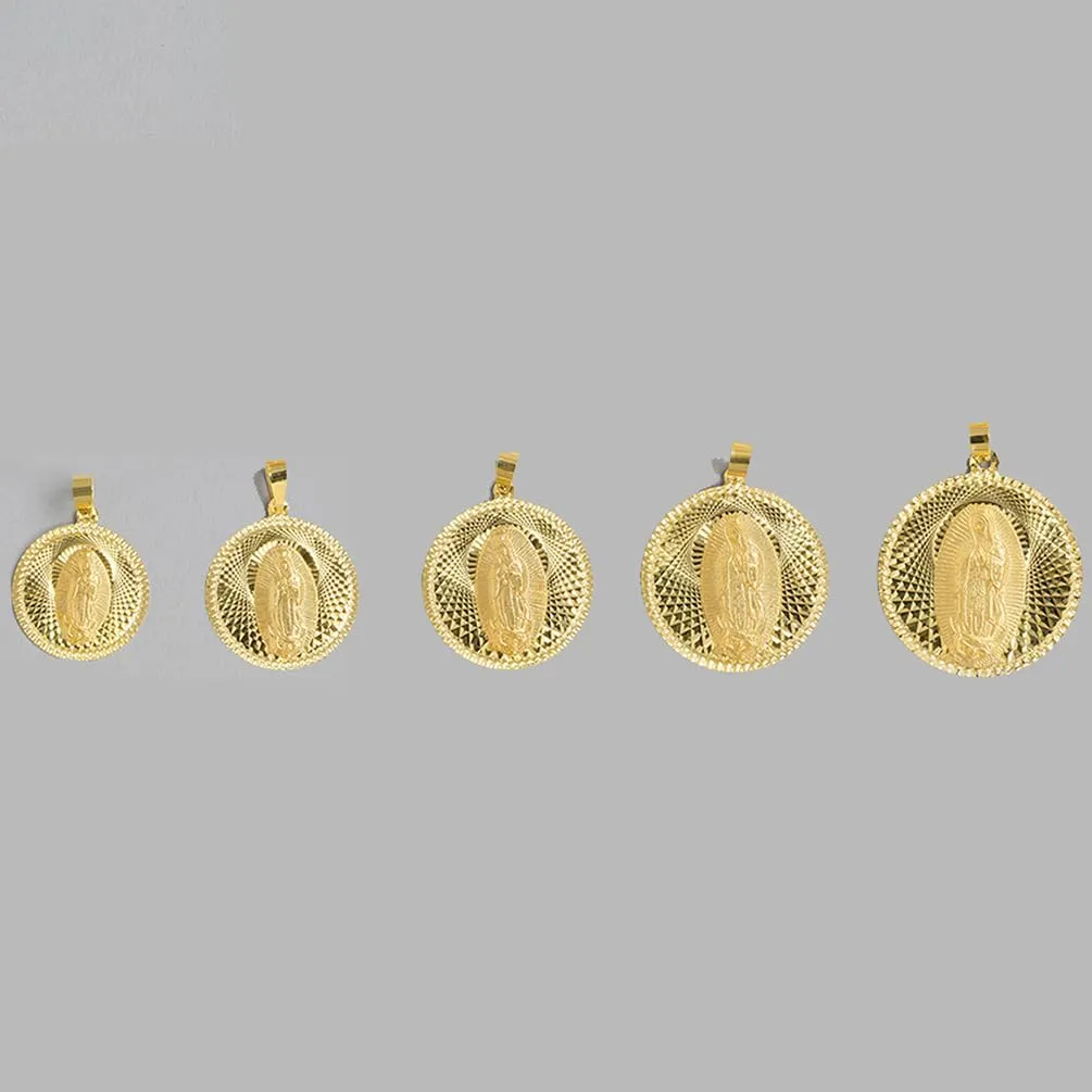 14k Yellow Gold Round Shaped Our Lady Of Guadalupe Charm Textured Medallion Pendant - 5 Sizes