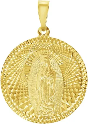 14k Yellow Gold Round Shaped Our Lady Of Guadalupe Charm Textured Medallion Pendant - 5 Sizes
