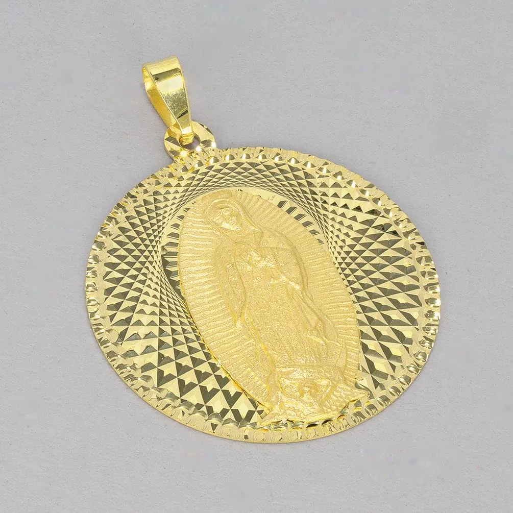 14k Yellow Gold Round Shaped Our Lady Of Guadalupe Charm Textured Medallion Pendant - 5 Sizes