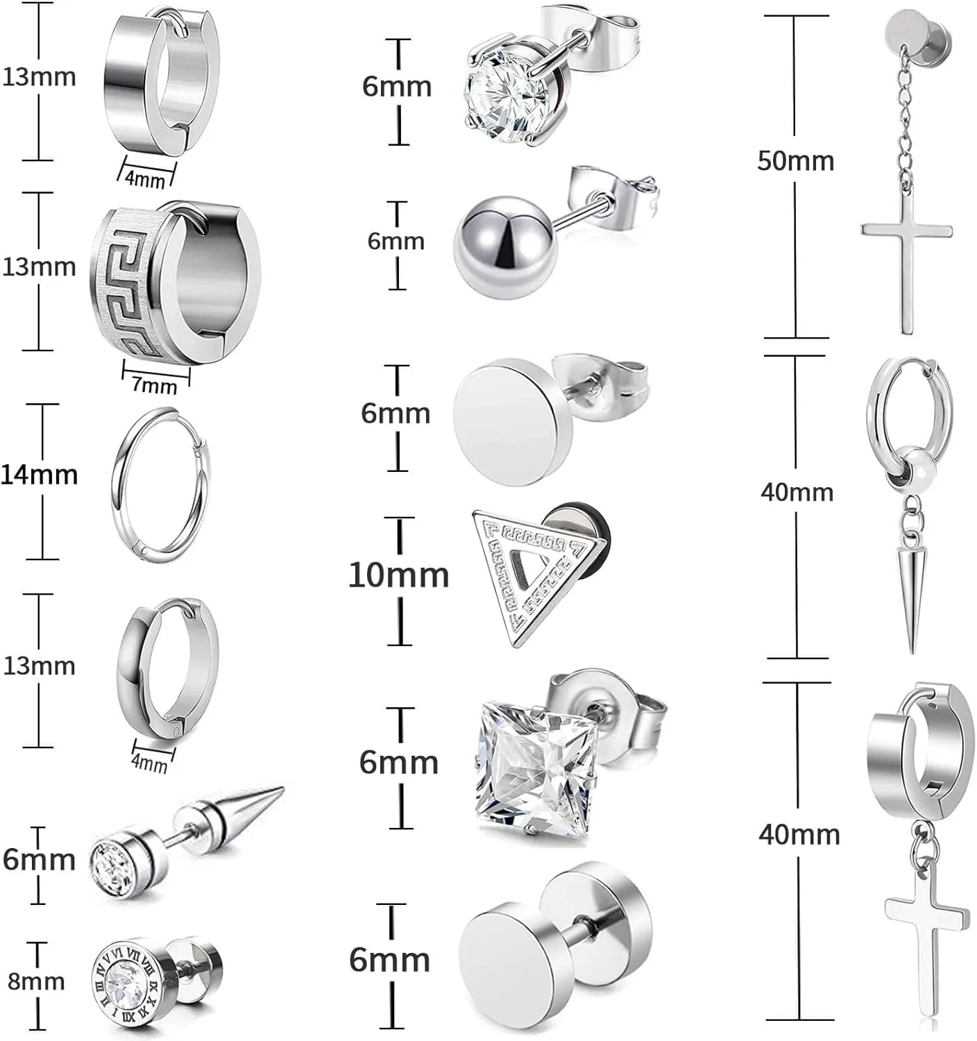 15 Pairs Earrings for Men, Stainless Steel Earrings Stud Kit for Men Women Fashion Piercing Jewelry Cross Dangle Hoop Earrings Set