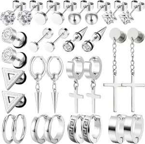 15 Pairs Earrings for Men, Stainless Steel Earrings Stud Kit for Men Women Fashion Piercing Jewelry Cross Dangle Hoop Earrings Set