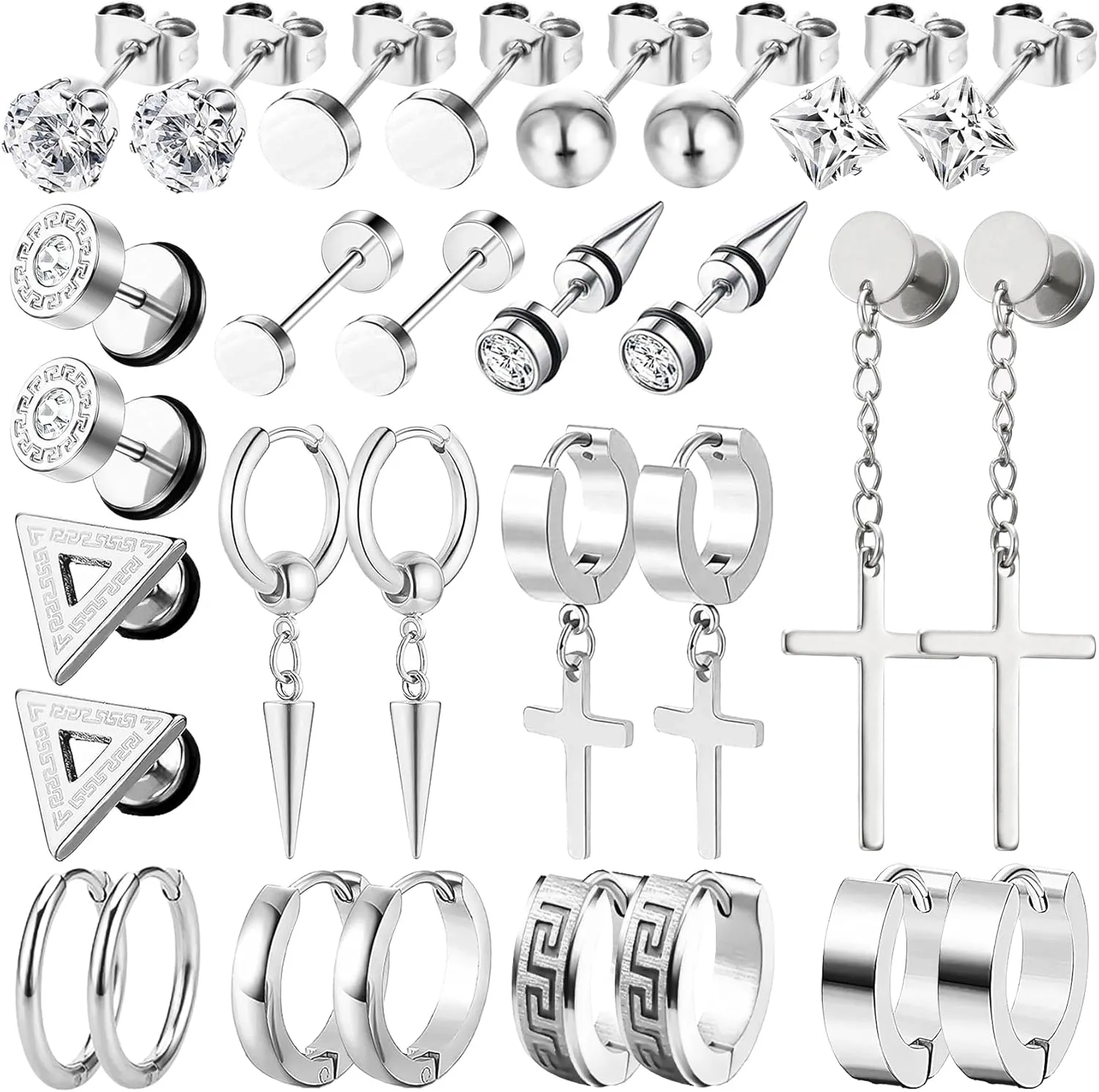 15 Pairs Earrings for Men, Stainless Steel Earrings Stud Kit for Men Women Fashion Piercing Jewelry Cross Dangle Hoop Earrings Set