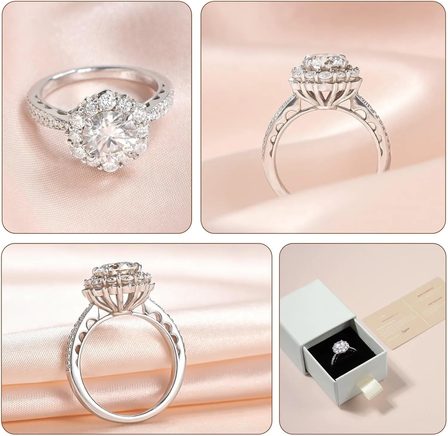 1.5/2/3CT Women's Moissanite Engagement Rings D Color VVS1 Clarity Moissanite Rings for Women 925 Sterling Silver with 18K White Gold Plated Flower Shape