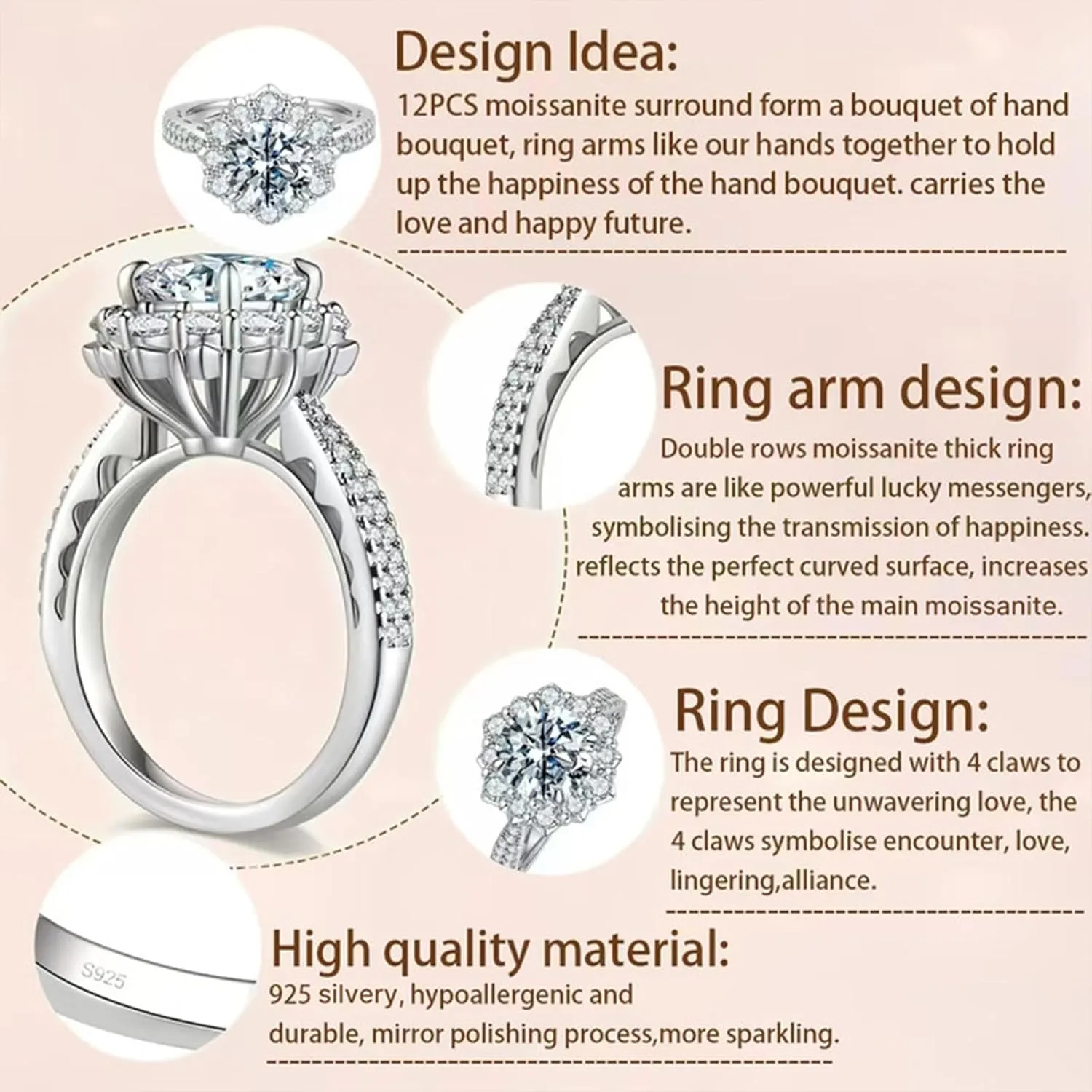 1.5/2/3CT Women's Moissanite Engagement Rings D Color VVS1 Clarity Moissanite Rings for Women 925 Sterling Silver with 18K White Gold Plated Flower Shape