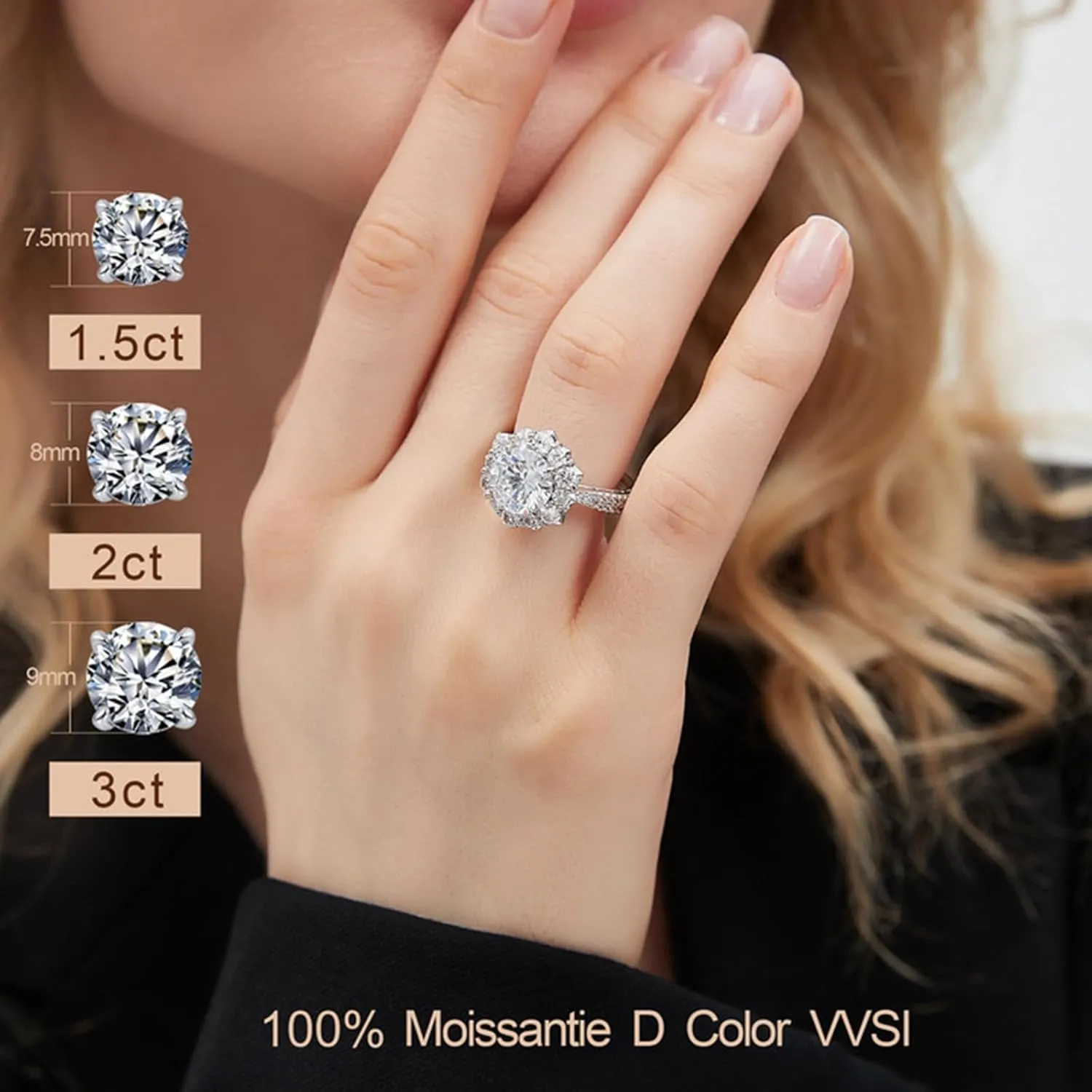 1.5/2/3CT Women's Moissanite Engagement Rings D Color VVS1 Clarity Moissanite Rings for Women 925 Sterling Silver with 18K White Gold Plated Flower Shape