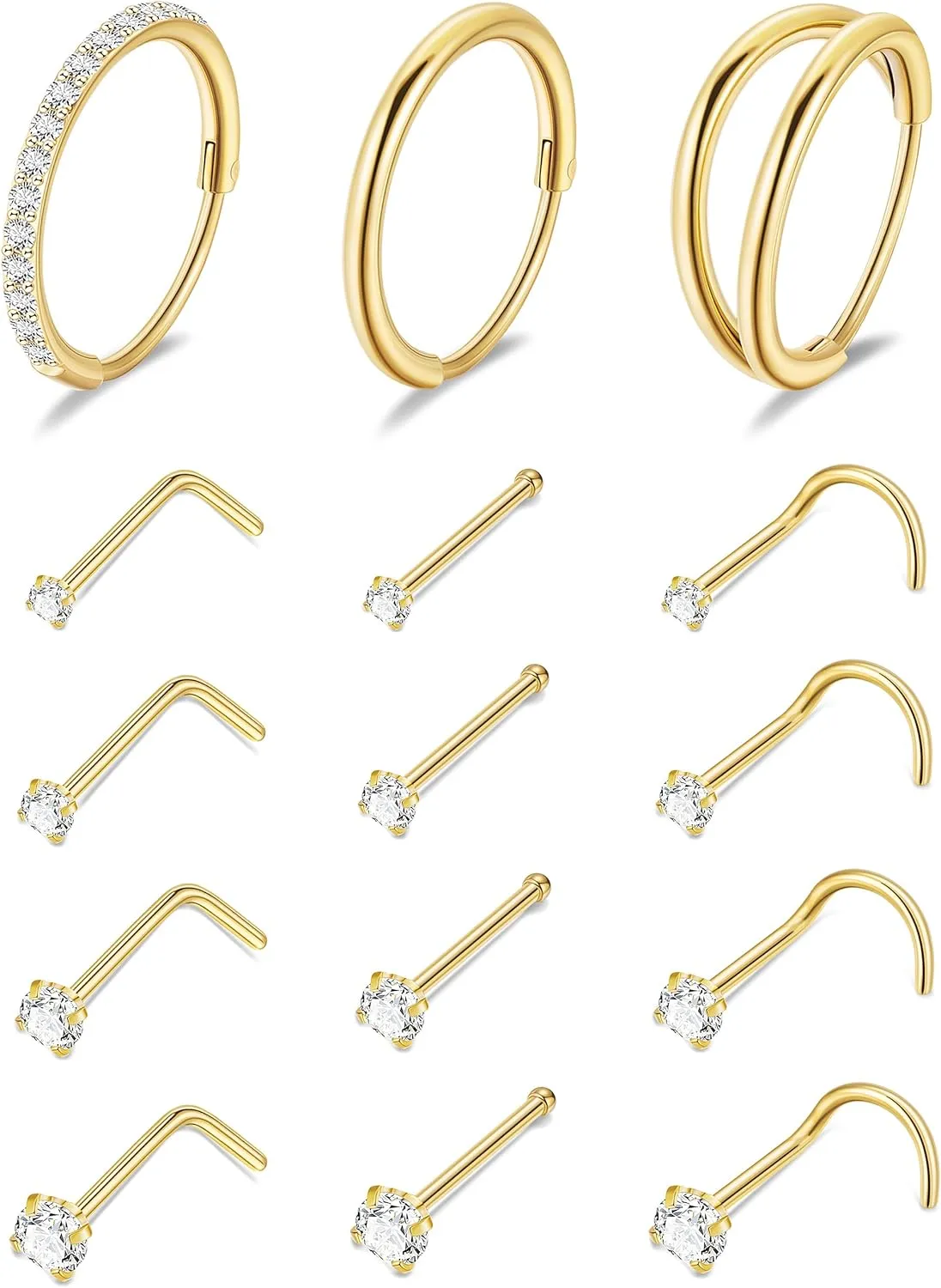 15Pcs 20G 316L Stainless Steel Nose Rings Hoops for Women Men Screw L Shaped Nose Studs CZ Hinged Segment Clicker Nose Hoops Nose Piercing Jewelry
