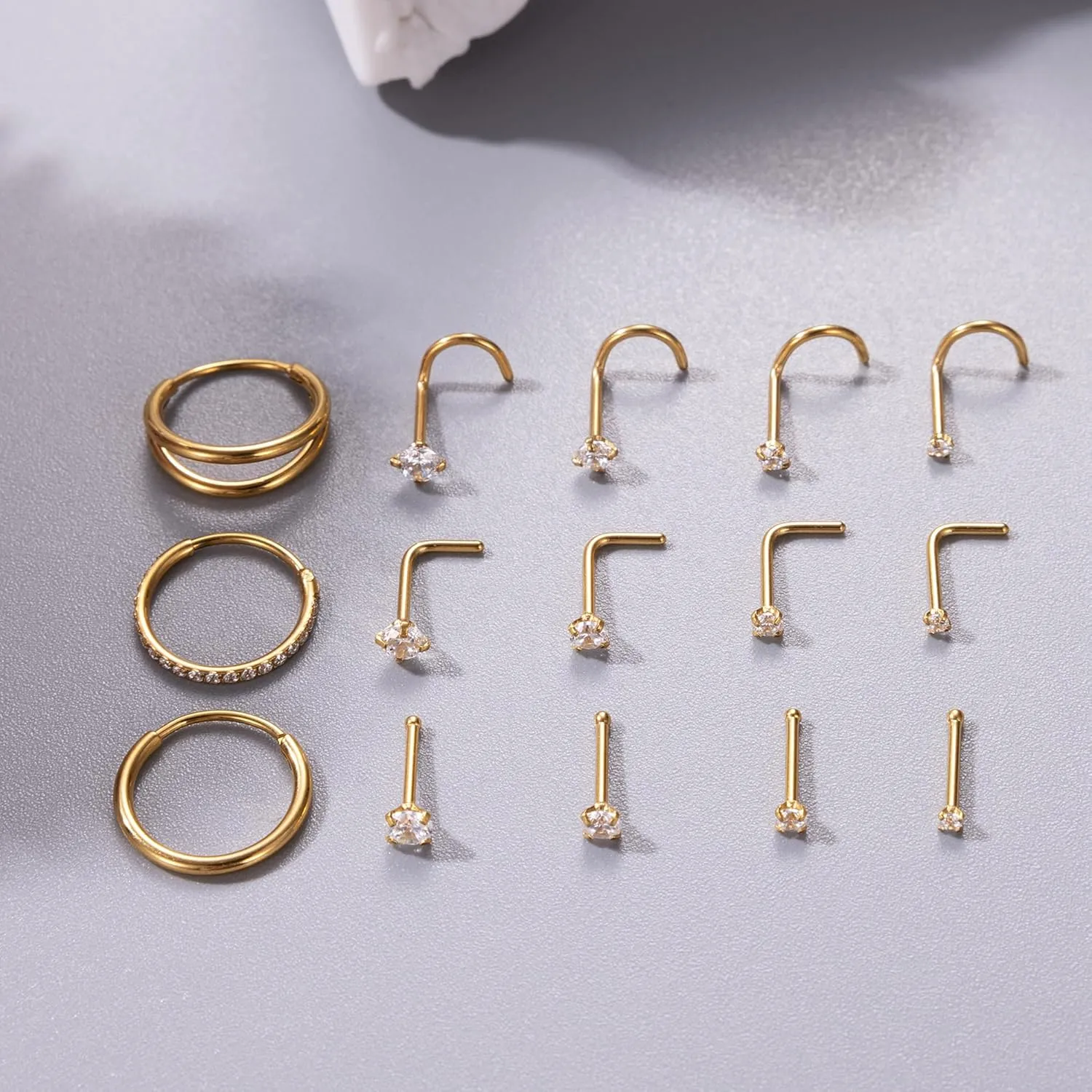 15Pcs 20G 316L Stainless Steel Nose Rings Hoops for Women Men Screw L Shaped Nose Studs CZ Hinged Segment Clicker Nose Hoops Nose Piercing Jewelry