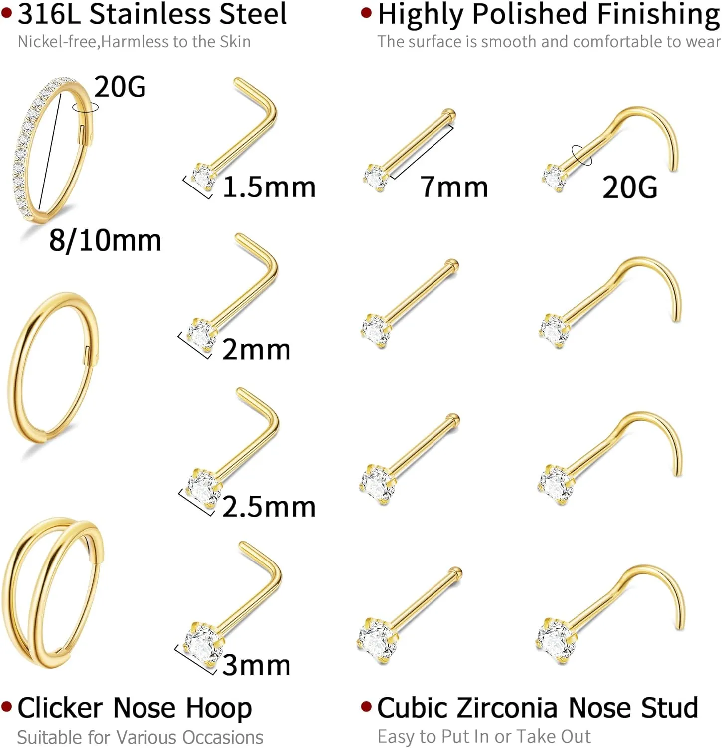 15Pcs 20G 316L Stainless Steel Nose Rings Hoops for Women Men Screw L Shaped Nose Studs CZ Hinged Segment Clicker Nose Hoops Nose Piercing Jewelry